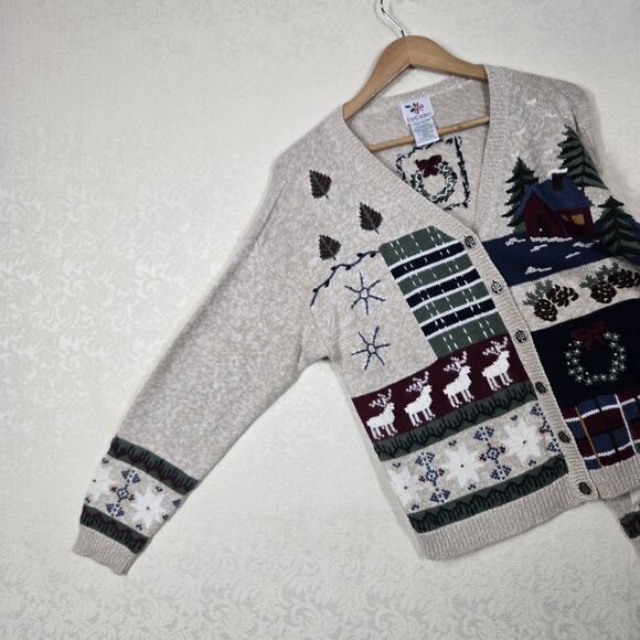 VTG Nutcracker Cardigan Sweater sz L Beige Multi Cabincore Cottagecore Holiday - Picture 6 of 14